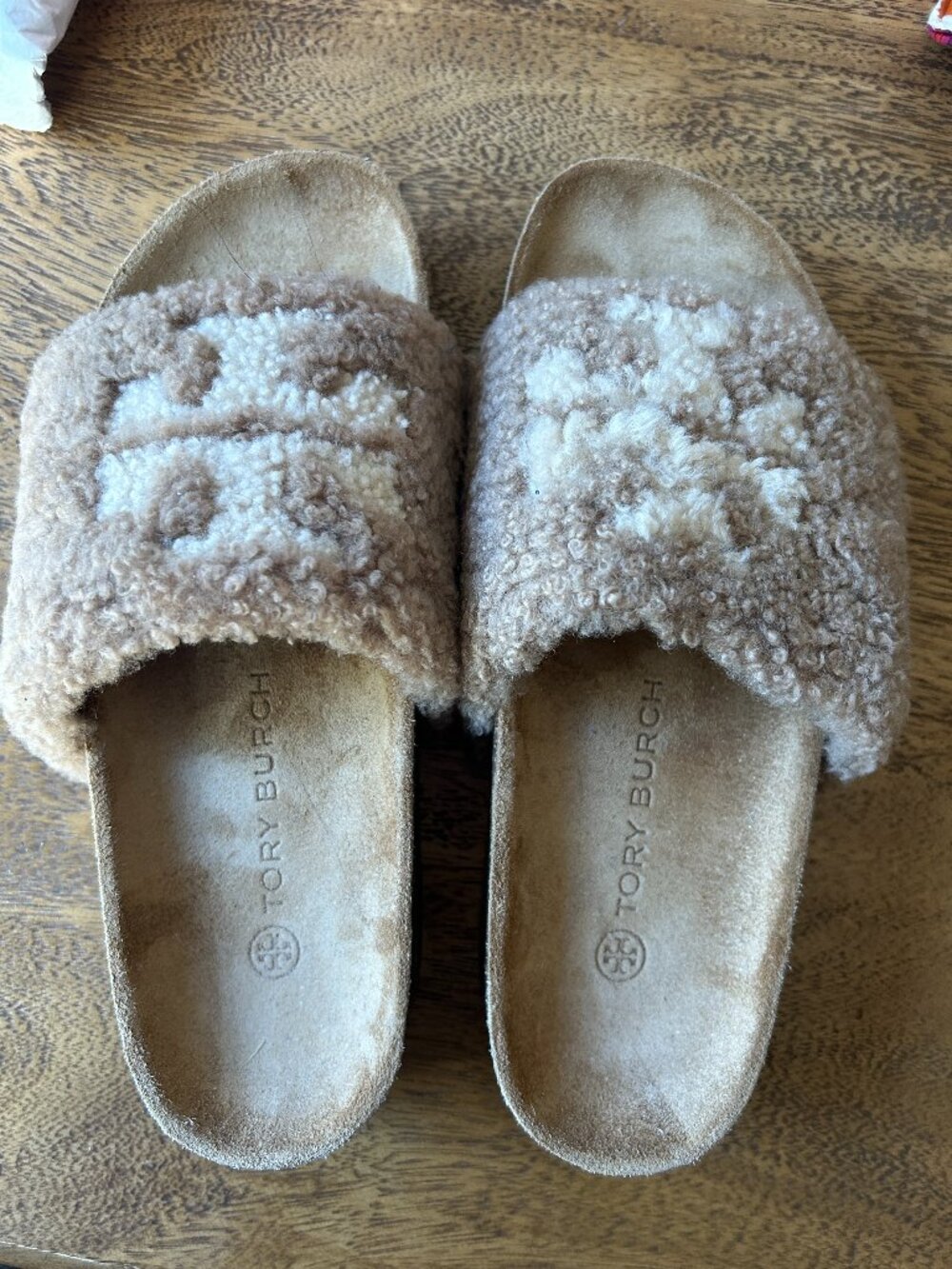 Tory Burch Tan Shearling Slide Sandals